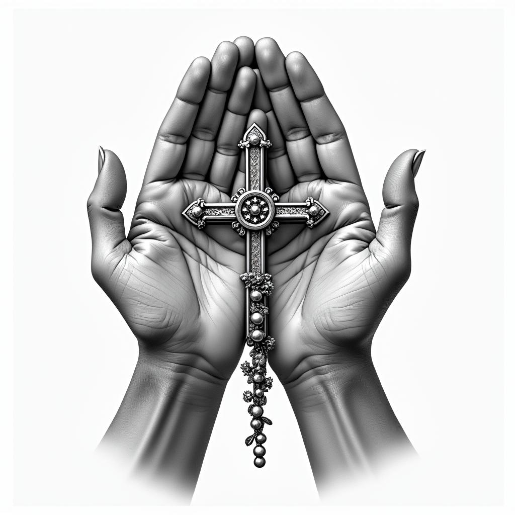 Prayer hands tattoos with rosaryin realism tattoo style, featuring a highly detailed, lifelike, capturing every detail, photorealistic, ultra realistic, intricate shading, smooth and sharp, - Variation 15