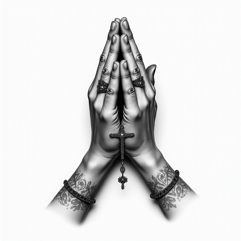 Prayer hands tattoos with rosaryin realism tattoo style, featuring a highly detailed, lifelike, capturing every detail, photorealistic, ultra realistic, intricate shading, smooth and sharp, - Variation 9