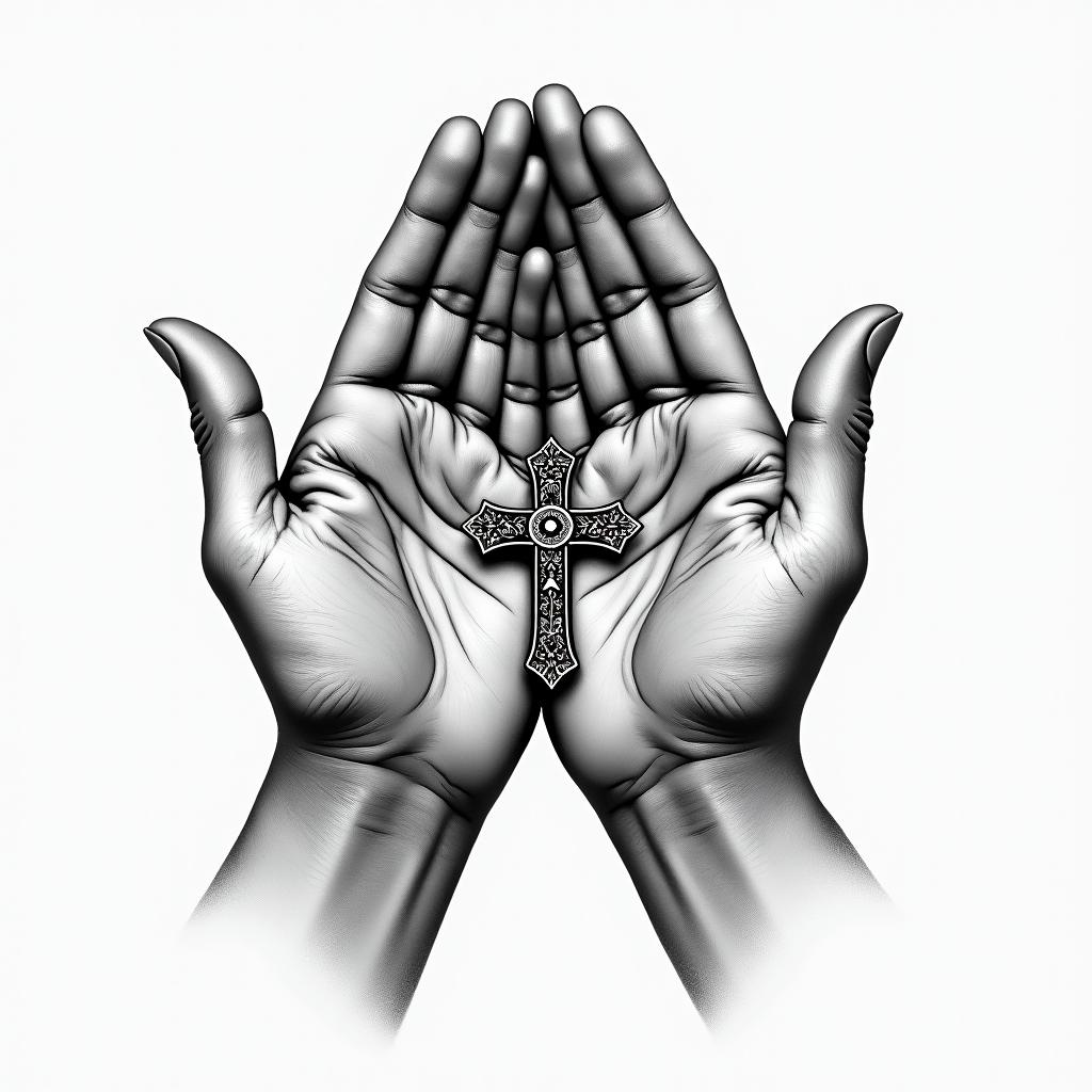 Prayer hands tattoos with rosaryin realism tattoo style, featuring a highly detailed, lifelike, capturing every detail, photorealistic, ultra realistic, intricate shading, smooth and sharp, - Variation 11