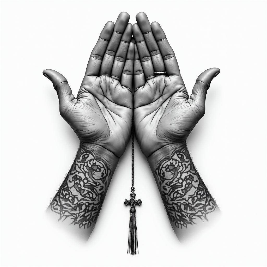 Prayer hands tattoos with rosaryin realism tattoo style, featuring a highly detailed, lifelike, capturing every detail, photorealistic, ultra realistic, intricate shading, smooth and sharp, - Variation 8