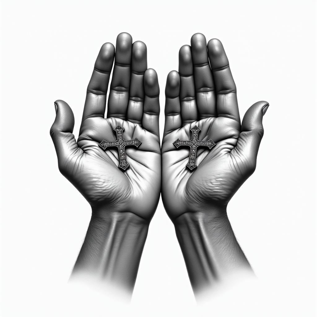 Prayer hands tattoos with rosaryin realism tattoo style, featuring a highly detailed, lifelike, capturing every detail, photorealistic, ultra realistic, intricate shading, smooth and sharp, - Variation 7