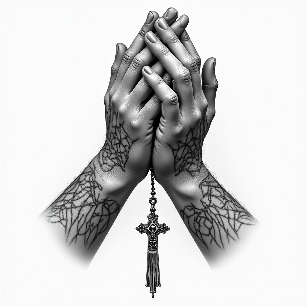 Prayer hands tattoos with rosaryin realism tattoo style, featuring a highly detailed, lifelike, capturing every detail, photorealistic, ultra realistic, intricate shading, smooth and sharp, - Variation 5