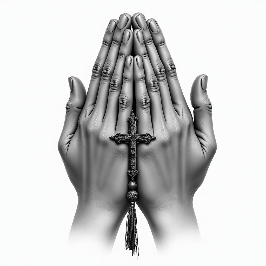 Prayer hands tattoos with rosaryin realism tattoo style, featuring a highly detailed, lifelike, capturing every detail, photorealistic, ultra realistic, intricate shading, smooth and sharp, - Variation 6