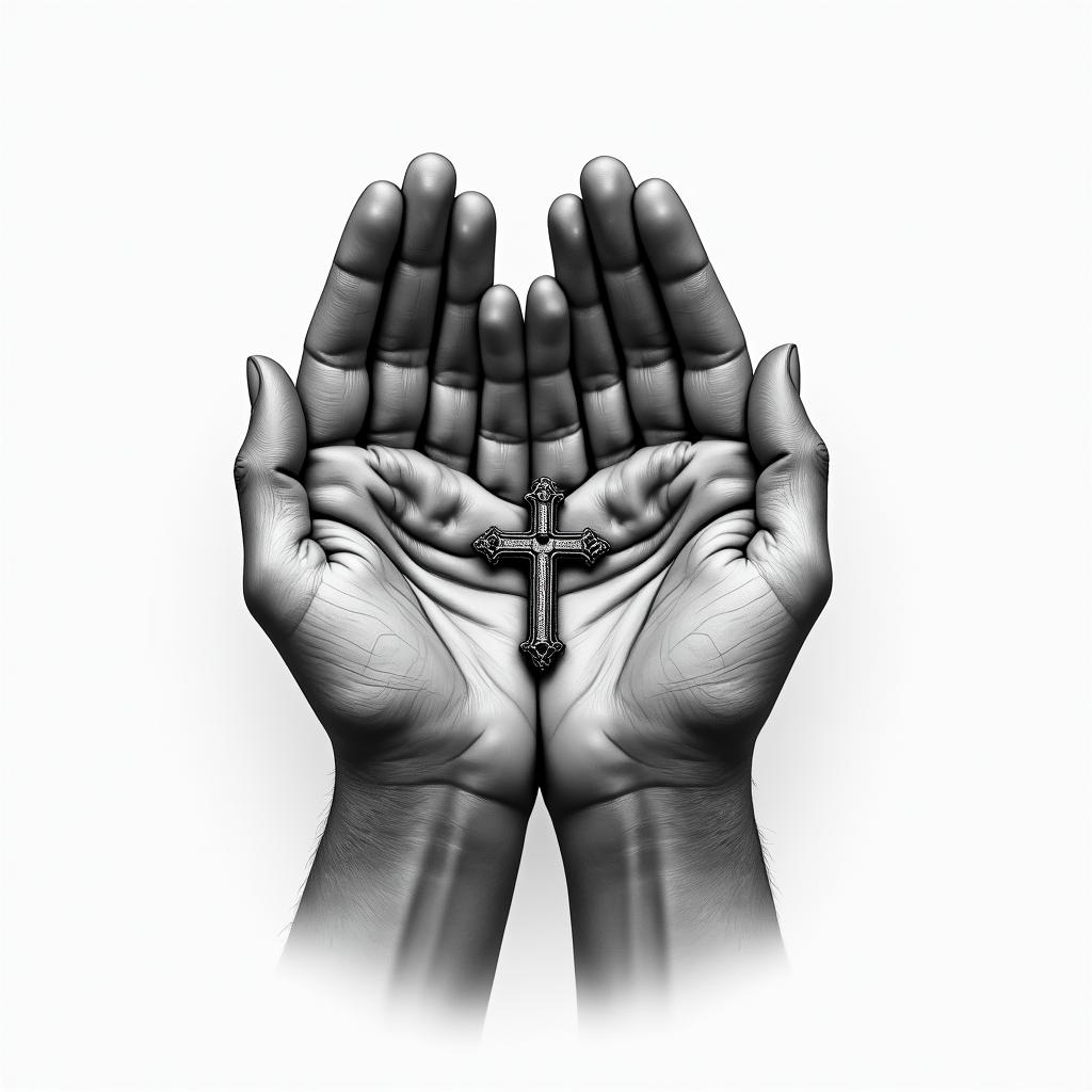 Prayer hands tattoos with rosaryin realism tattoo style, featuring a highly detailed, lifelike, capturing every detail, photorealistic, ultra realistic, intricate shading, smooth and sharp,  