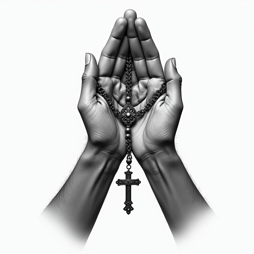 Prayer hands tattoos with rosaryin realism tattoo style, featuring a highly detailed, lifelike, capturing every detail, photorealistic, ultra realistic, intricate shading, smooth and sharp, - Variation 3