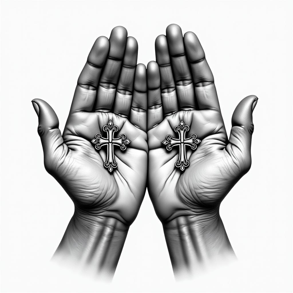 Prayer hands tattoos with rosaryin realism tattoo style, featuring a highly detailed, lifelike, capturing every detail, photorealistic, ultra realistic, intricate shading, smooth and sharp, - Variation 4