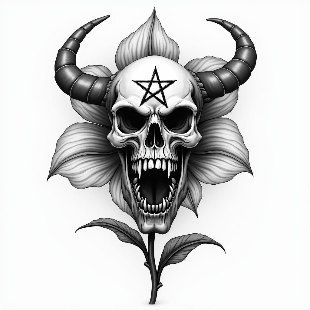 Some lily flowercreepy horror tattoo style, featuring an eerie and unsettling skull of a demonic creature, distorted face with sharp fangs, add pentagram symbol - Variation 2