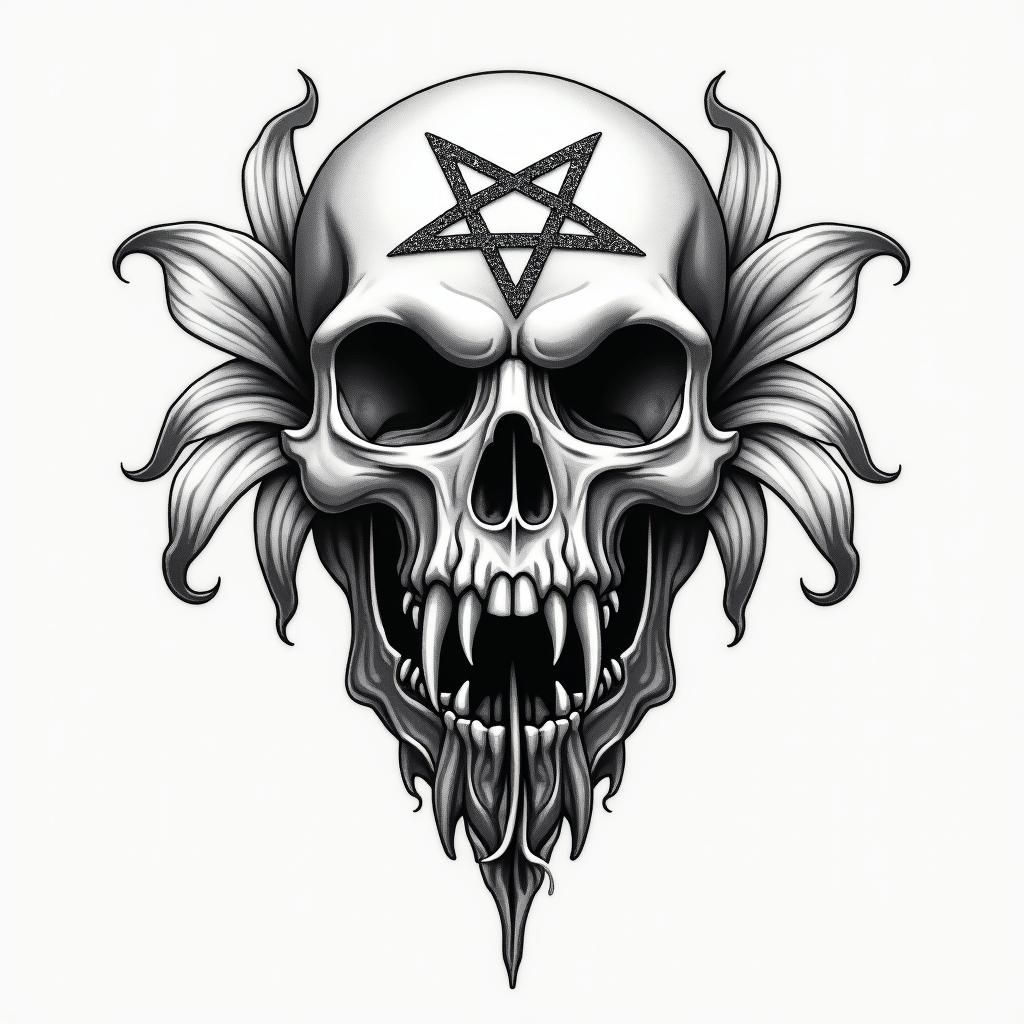 Some lily flowercreepy horror tattoo style, featuring an eerie and unsettling skull of a demonic creature, distorted face with sharp fangs, add pentagram symbol - Variation 3