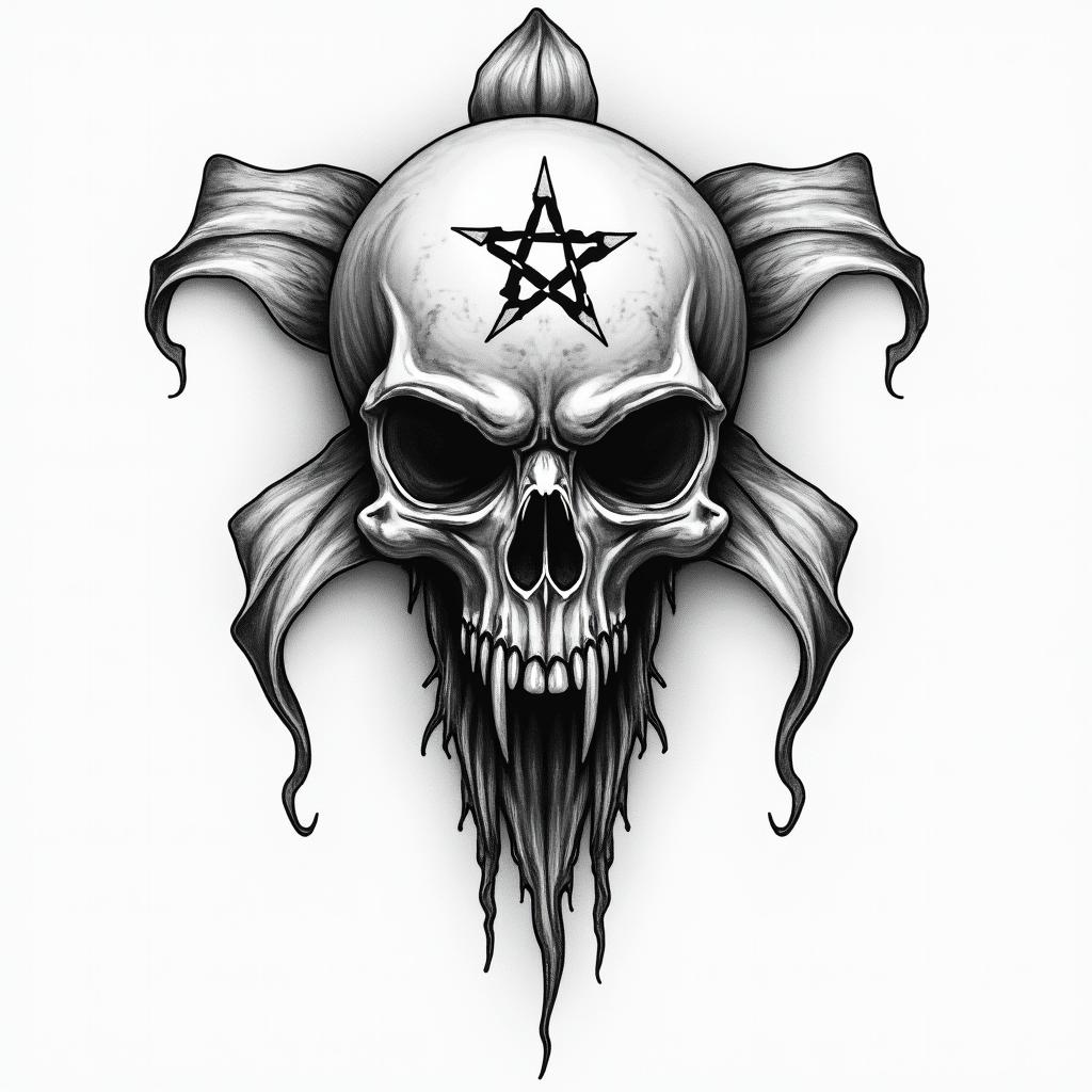 Some lily flowercreepy horror tattoo style, featuring an eerie and unsettling skull of a demonic creature, distorted face with sharp fangs, add pentagram symbol