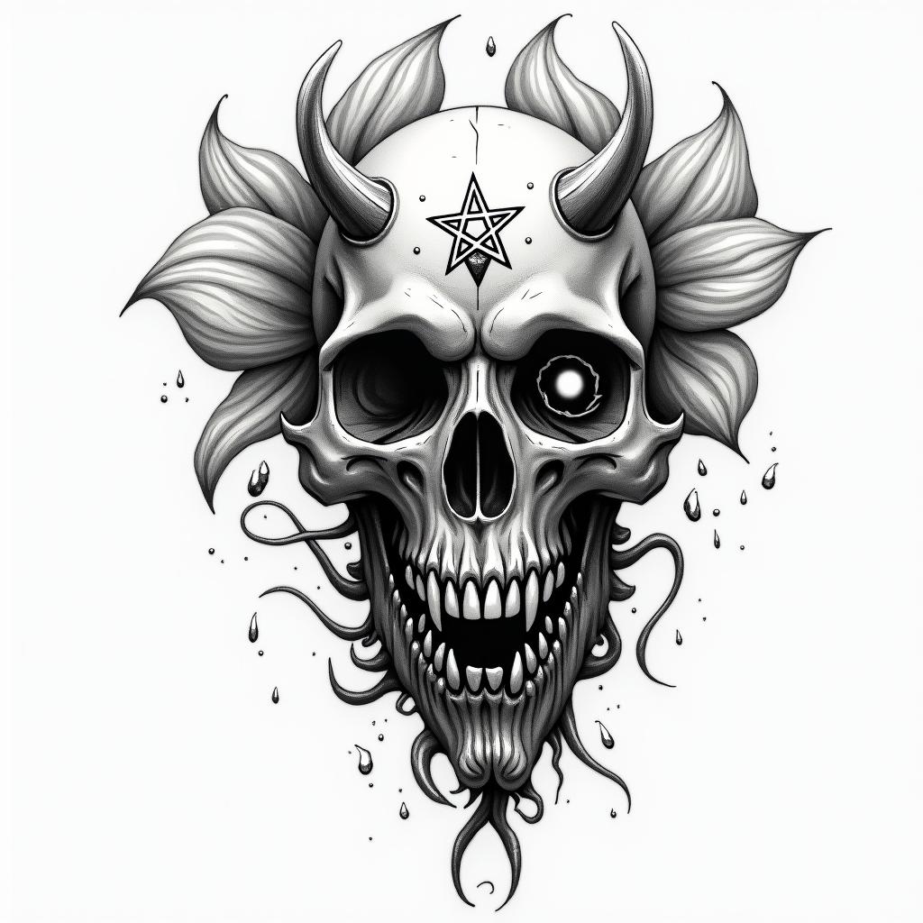 Some lily flowercreepy horror tattoo style, featuring an eerie and unsettling skull of a demonic creature, distorted face with sharp fangs, add pentagram symbol - Variation 4