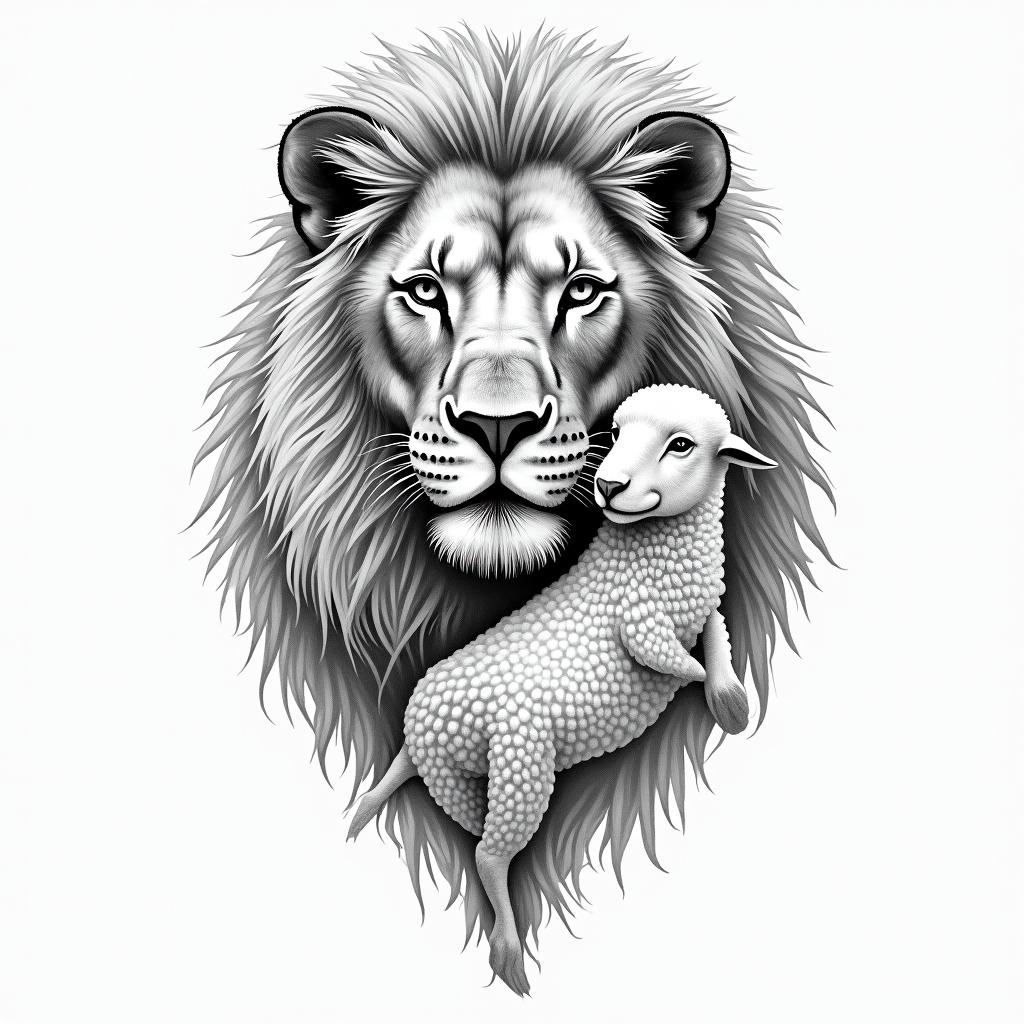 Single needle fine line. Lion and the lamb.higly detailed tattoo - Variation 4