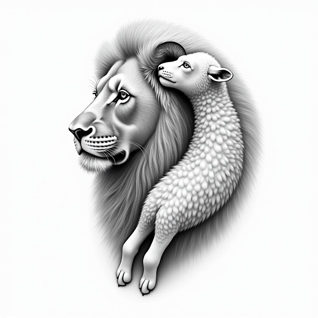 Single needle fine line. Lion and the lamb.higly detailed tattoo - Variation 2