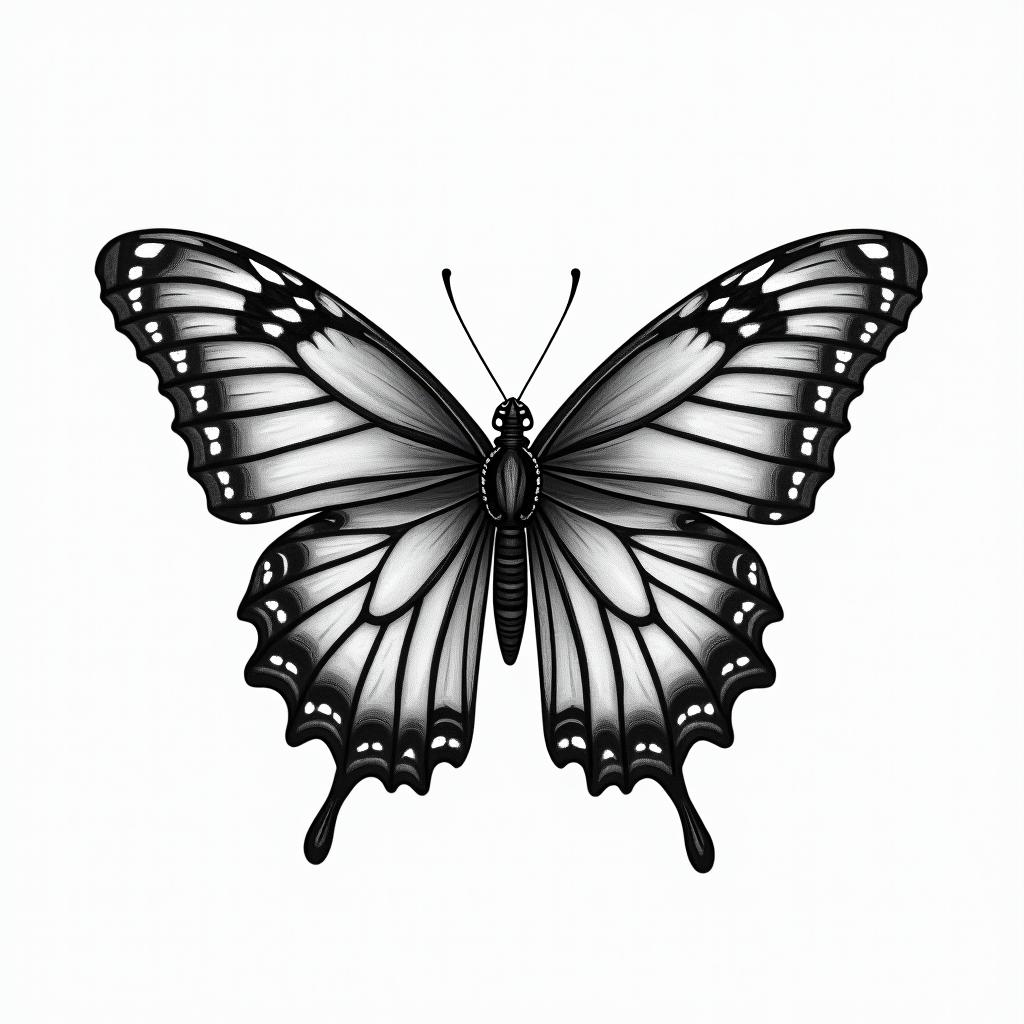 Butterfly with one side of its wings as flowers and inside as its body this date 17.03.2025higly detailed tattoo