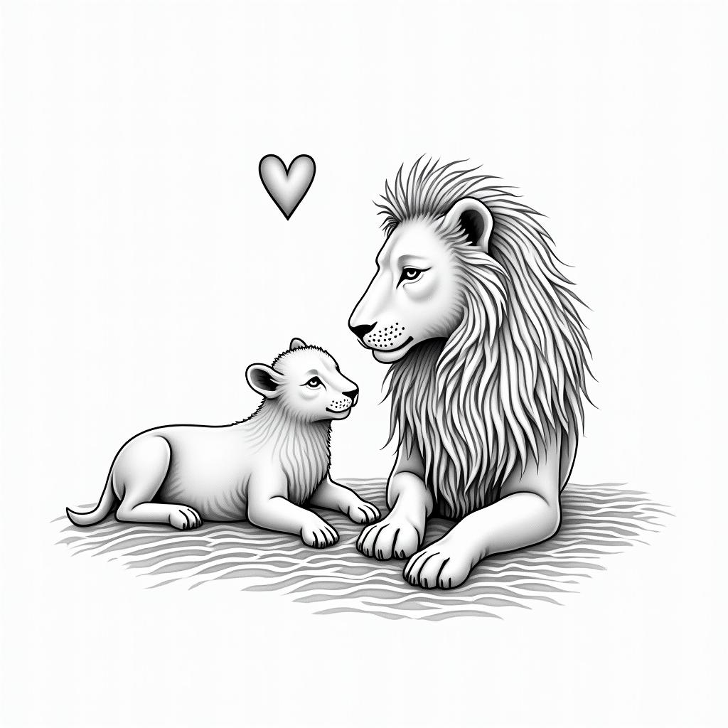 Single needle fine line. Lion and the lamb.in Modest style tattoo, featuring soft, delicate line work with simple and meaningful symbols, gentle waves, a heart, evoking a sense of serenity and grace, - Variation 2