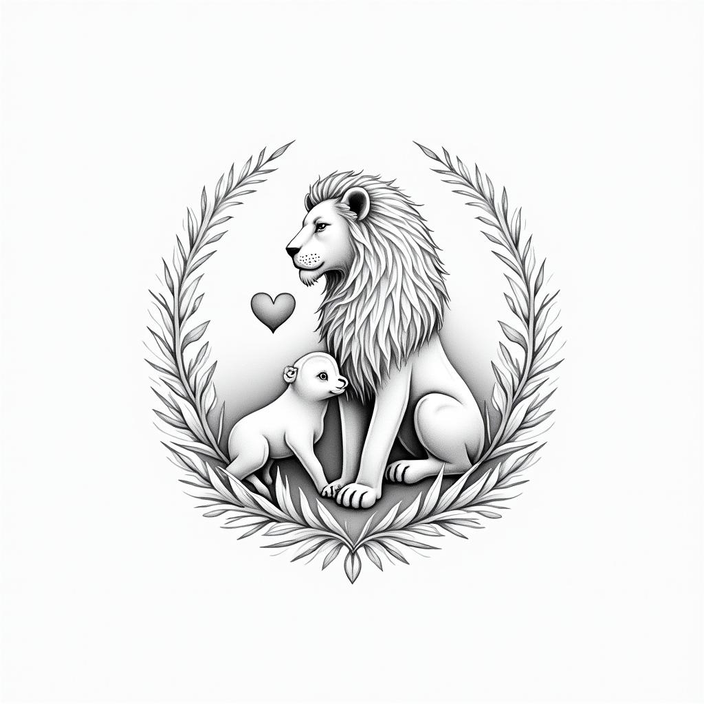 Single needle fine line. Lion and the lamb.in Modest style tattoo, featuring soft, delicate line work with simple and meaningful symbols, gentle waves, a heart, evoking a sense of serenity and grace,