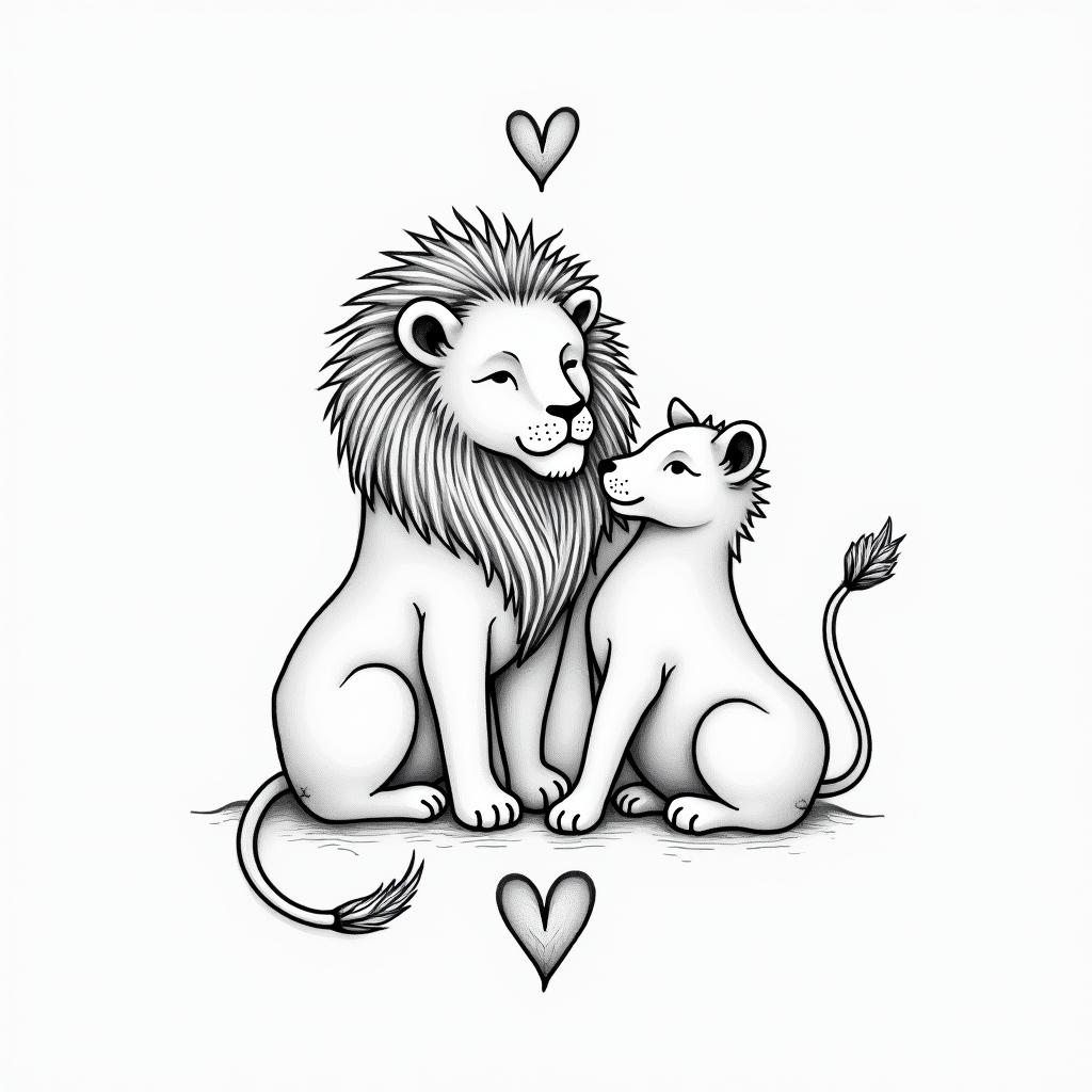 Single needle fine line. Lion and the lamb.in Modest style tattoo, featuring soft, delicate line work with simple and meaningful symbols, gentle waves, a heart, evoking a sense of serenity and grace, - Variation 3