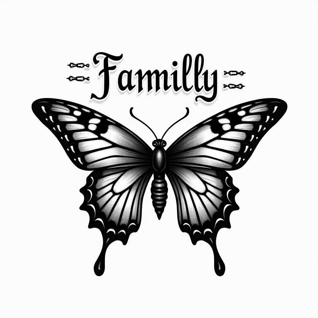 Family written big with some type of gothic butterfly and chainstext-based tattoo, gothic font ultra-realistic, perfectly placed, high-quality font design, photo-realistic shading, 8k, high quality, finely detailed typography - Variation 2
