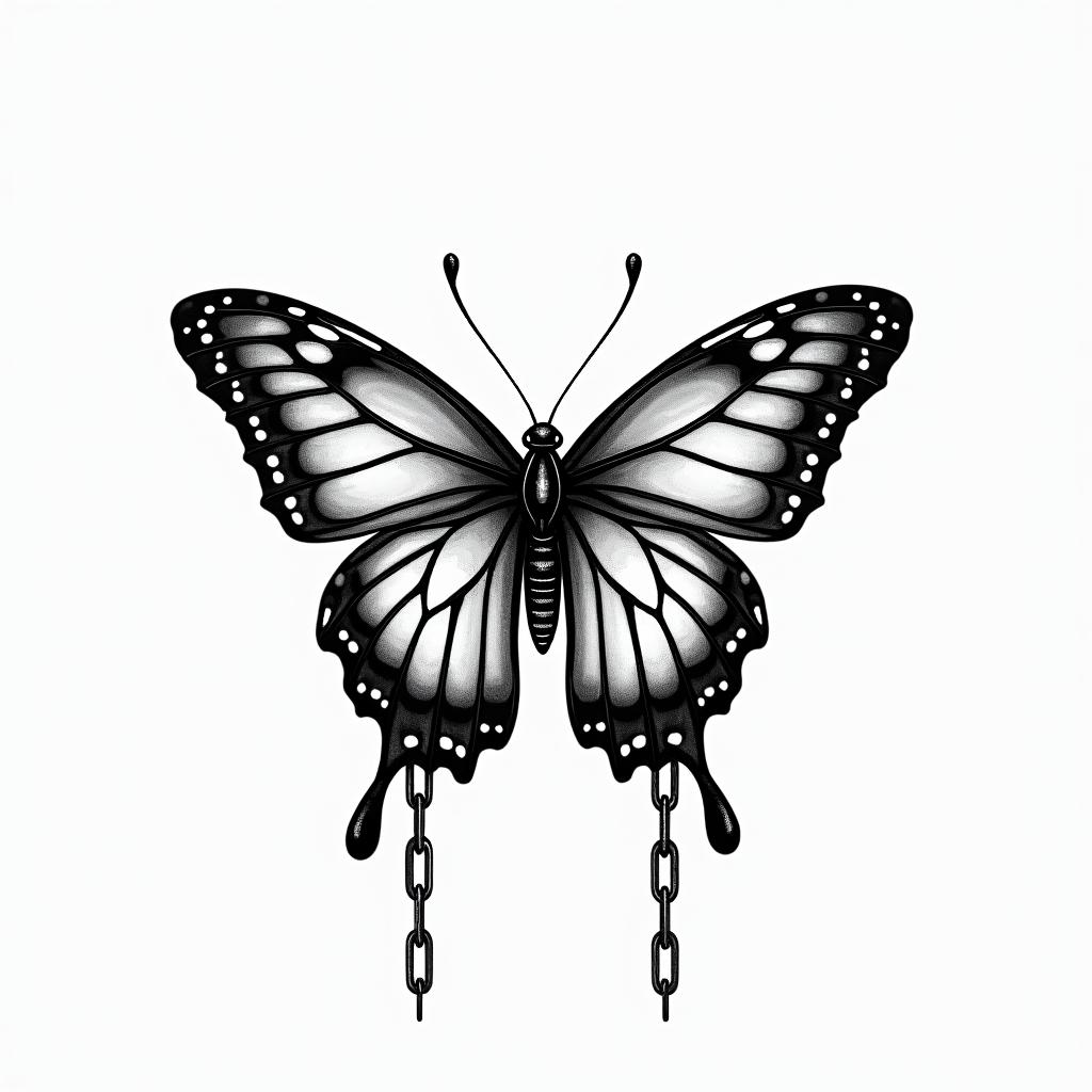 Family written big with some type of gothic butterfly and chainstext-based tattoo, gothic font ultra-realistic, perfectly placed, high-quality font design, photo-realistic shading, 8k, high quality, finely detailed typography