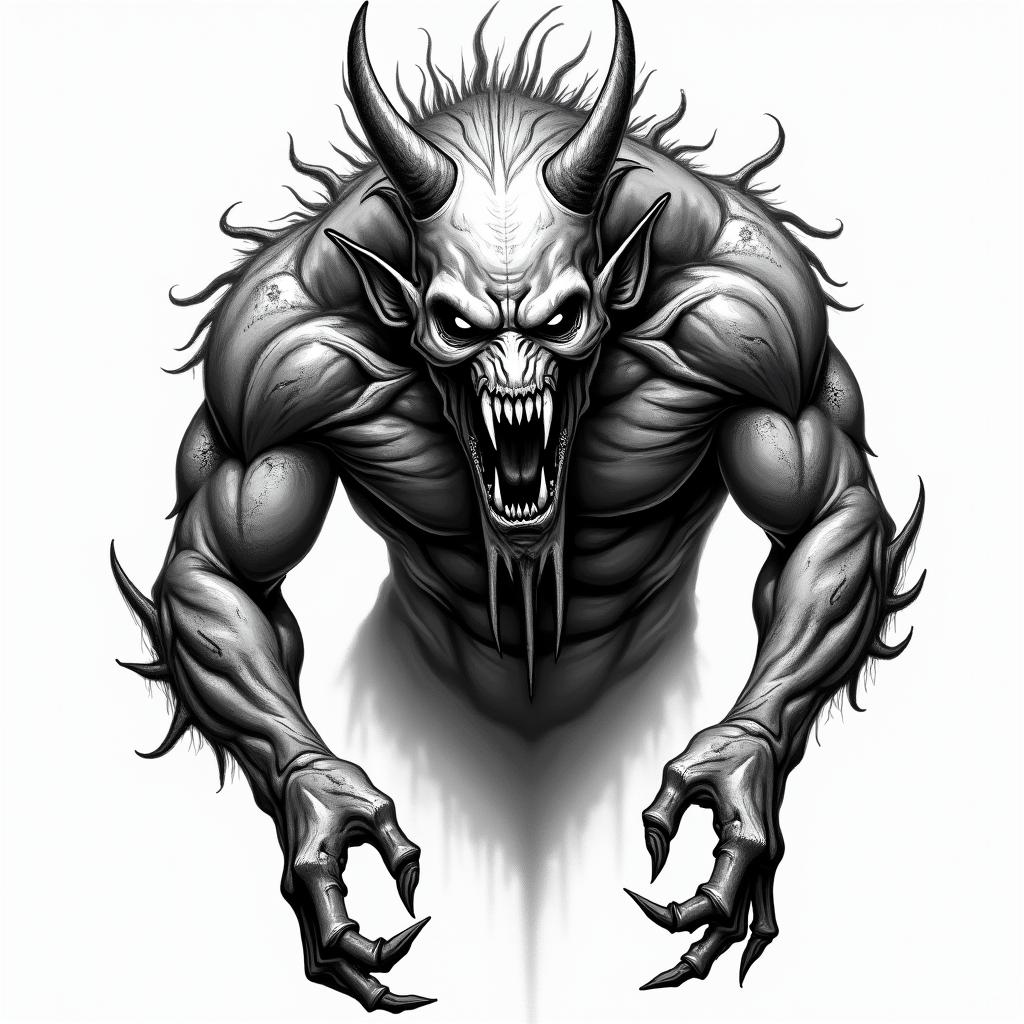 A fierce and scary mythological creature with sharp teeth and deep, haunting eyes, showcasing a strong, muscular body structure adorned with visible scars that signify battles and struggles endured. The creature embodies feelings of power and resilience, encapsulating the spirit of "Trust none." The overall aesthetic should evoke a sense of strength while being intimidating and fierce. in horror tattoo style, showcasing haunting and unsettling, dark and gritty textures with skulls, eerie faces, jgged designs, bold and intense shading