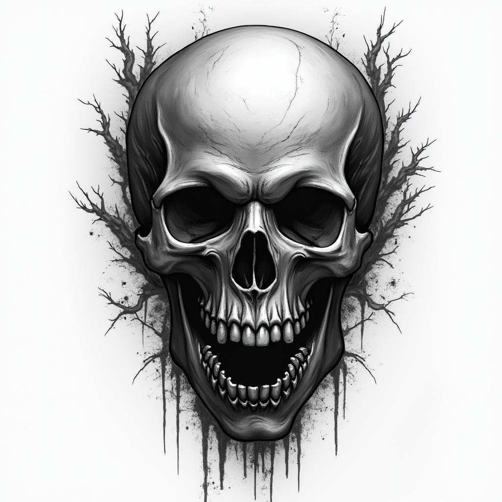 Florian stier luckenwalde in horror tattoo style, showcasing haunting and unsettling, dark and gritty textures with skulls, eerie faces, jgged designs, bold and intense shading