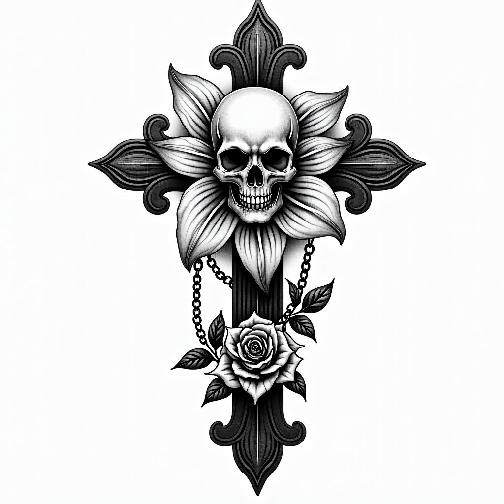 Lily flowers are blooming.in chicano style tattoo, featuring intricate black and grey shading, bold elements of traditional chicano culture symbols, add a big cross with skull, chains and roses - Variation 2