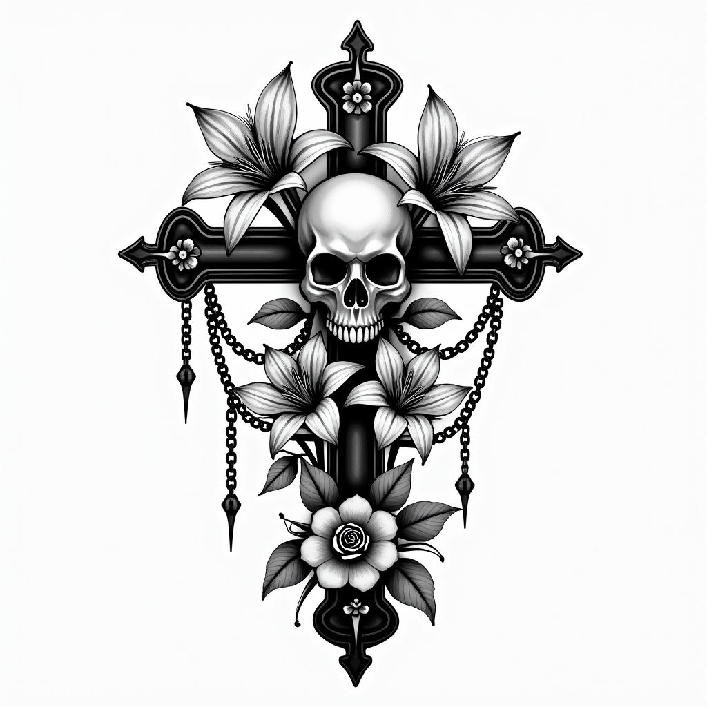Lily flowers are blooming.in chicano style tattoo, featuring intricate black and grey shading, bold elements of traditional chicano culture symbols, add a big cross with skull, chains and roses - Variation 3
