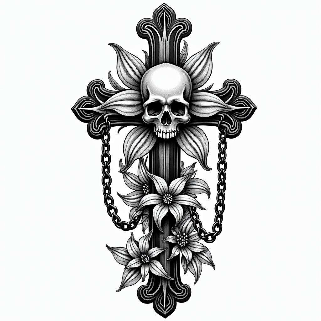 Lily flowers are blooming.in chicano style tattoo, featuring intricate black and grey shading, bold elements of traditional chicano culture symbols, add a big cross with skull, chains and roses - Variation 4