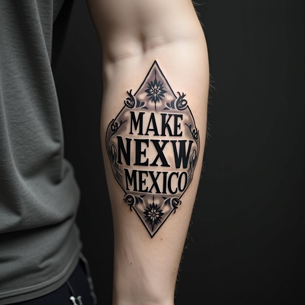 Make it say NEW MEXICOtext-based tattoo, gothic font ultra-realistic, perfectly placed, high-quality font design, photo-realistic shading, 8k, high quality, finely detailed typography - Variation 3