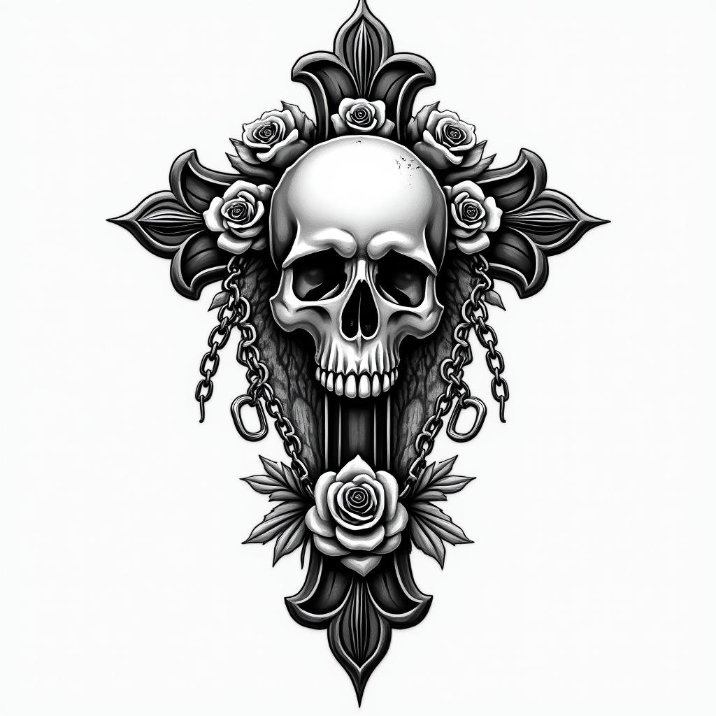 Smile now cry laterin chicano style tattoo, featuring intricate black and grey shading, bold elements of traditional chicano culture symbols, add a big cross with skull, chains and roses