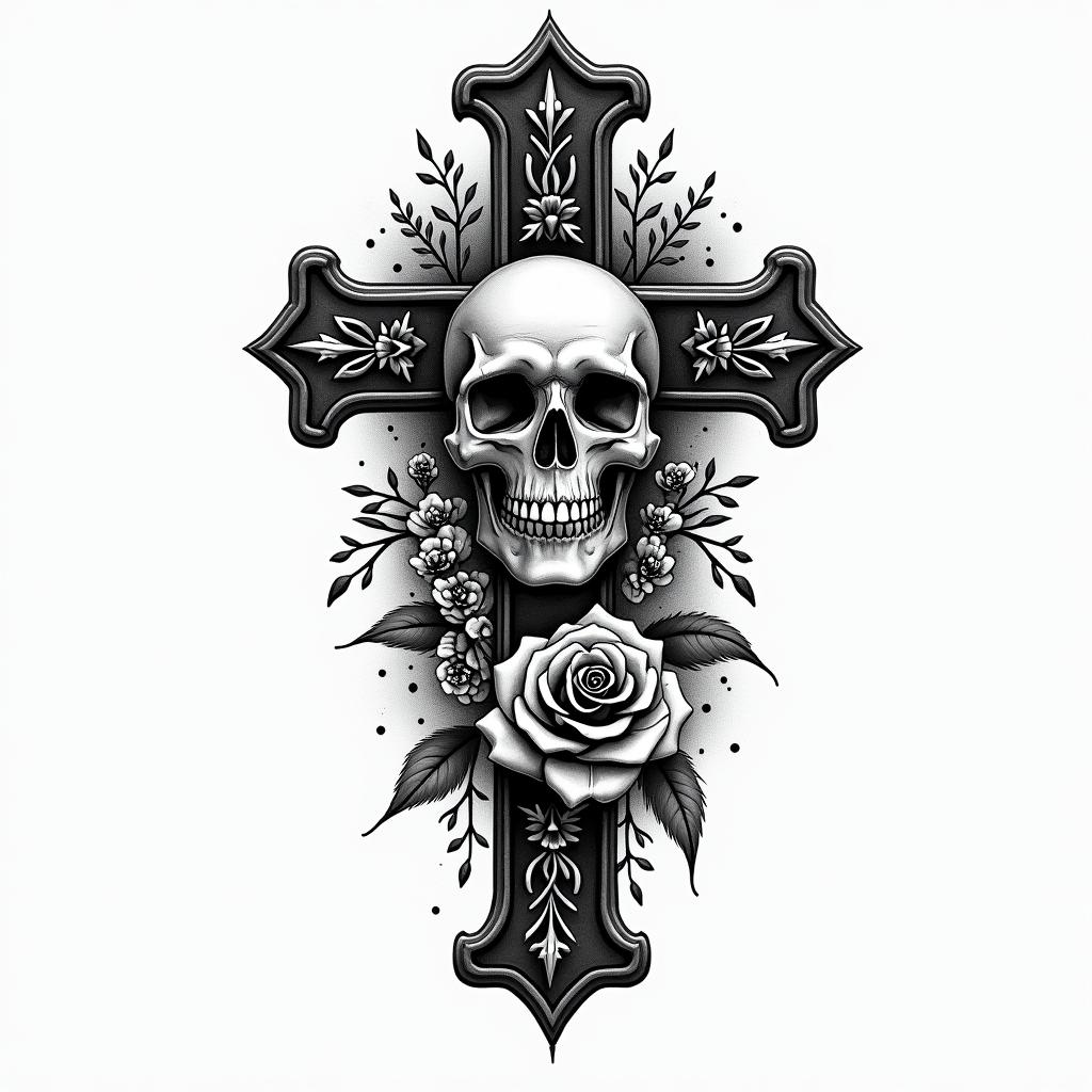 Smile now cry laterin chicano style tattoo, featuring intricate black and grey shading, bold elements of traditional chicano culture symbols, add a big cross with skull, chains and roses - Variation 3