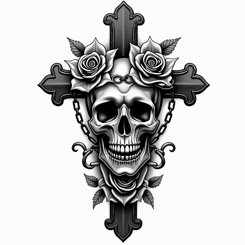 Smile now cry laterin chicano style tattoo, featuring intricate black and grey shading, bold elements of traditional chicano culture symbols, add a big cross with skull, chains and roses - Variation 2