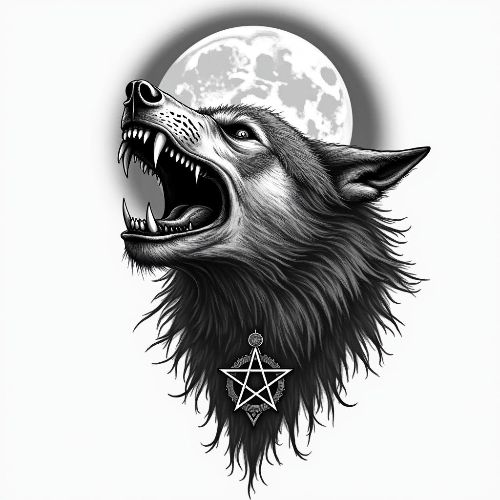 Howling wolf under a full mooncreepy horror tattoo style, featuring an eerie and unsettling skull of a demonic creature, distorted face with sharp fangs, add pentagram symbol - Variation 4