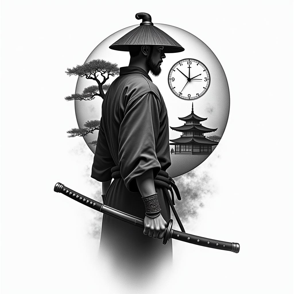 I want a tattoo covering the left side of my back with a samurai solider with his hat covering half of his face holding a sword in his hand in action with a bonsai tree and a temple behind him with a moon on the top corner. And inside the moon there will be a clock reading 6:25higly detailed tattoo