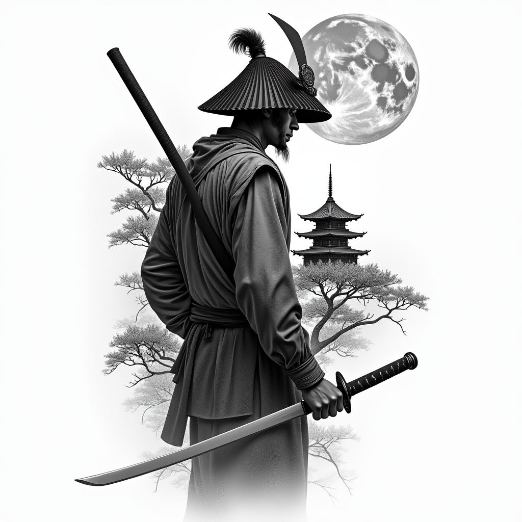I want a tattoo covering the left side of my back with a samurai solider with his hat covering half of his face holding a sword in his hand in action with a bonsai tree and a temple behind him with a moon on the top corner. And inside the moon there will be a clock reading 6:25higly detailed tattoo - Variation 2