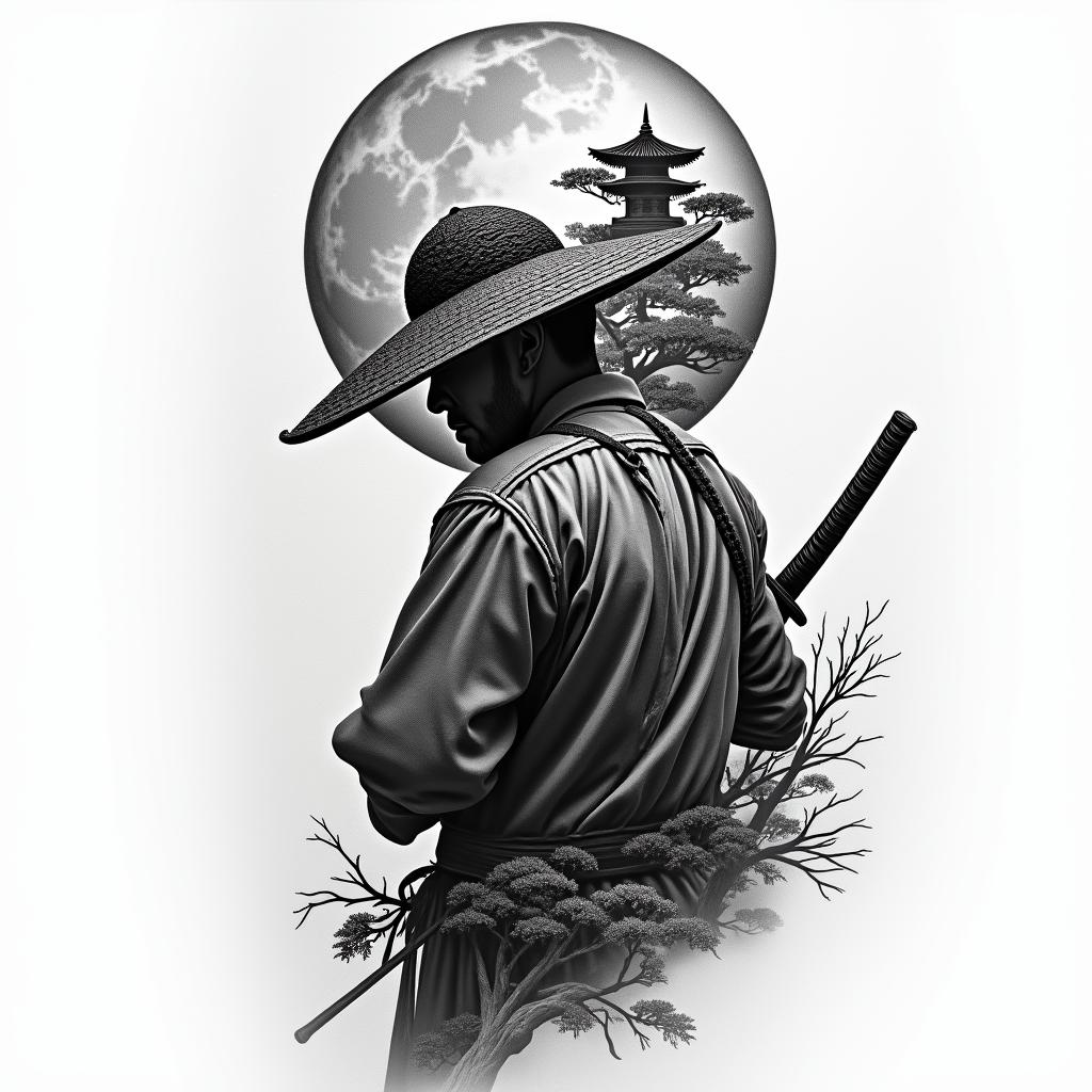 I want a tattoo covering the left side of my back with a samurai solider with his hat covering half of his face holding a sword in his hand in action with a bonsai tree and a temple behind him with a moon on the top corner. And inside the moon there will be a clock reading 6:25higly detailed tattoo - Variation 3