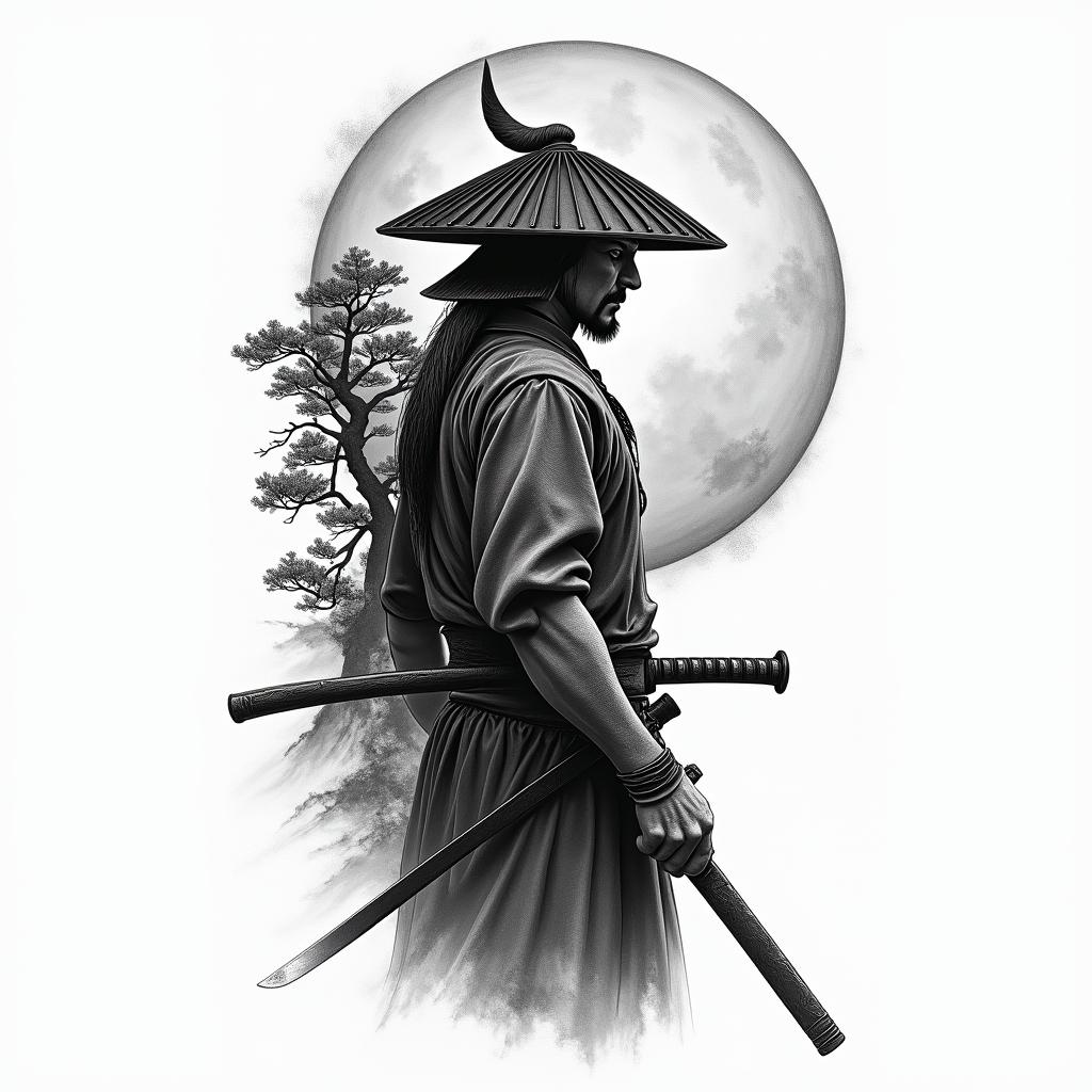 I want a tattoo covering the left side of my back with a samurai solider with his hat covering half of his face holding a sword in his hand in action with a bonsai tree and a temple behind him with a moon on the top corner. And inside the moon there will be a clock reading 6:25higly detailed tattoo - Variation 4