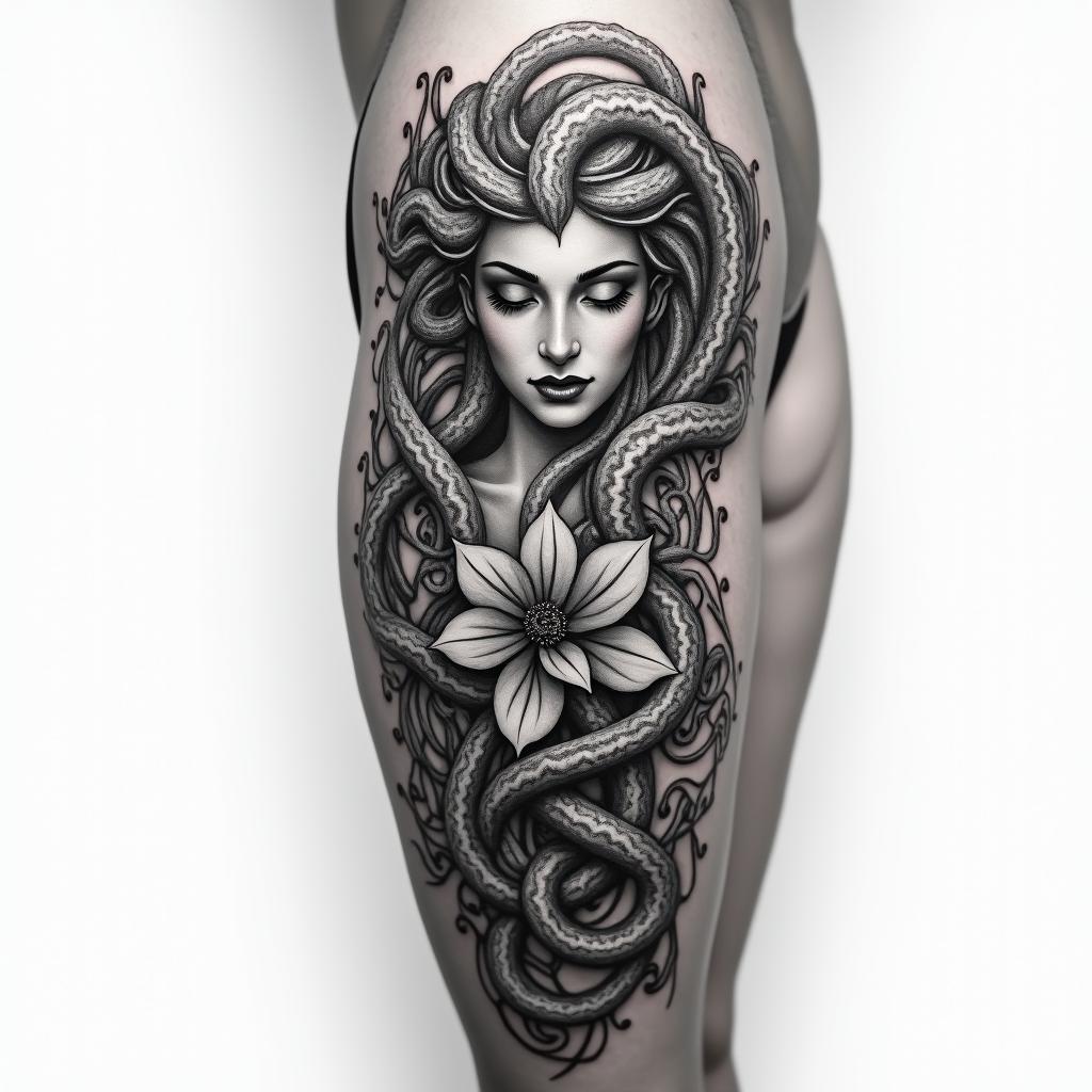 Medusa front of
thigh tattoo, incorporating January, March and December birth flowershigly detailed tattoo - Variation 4