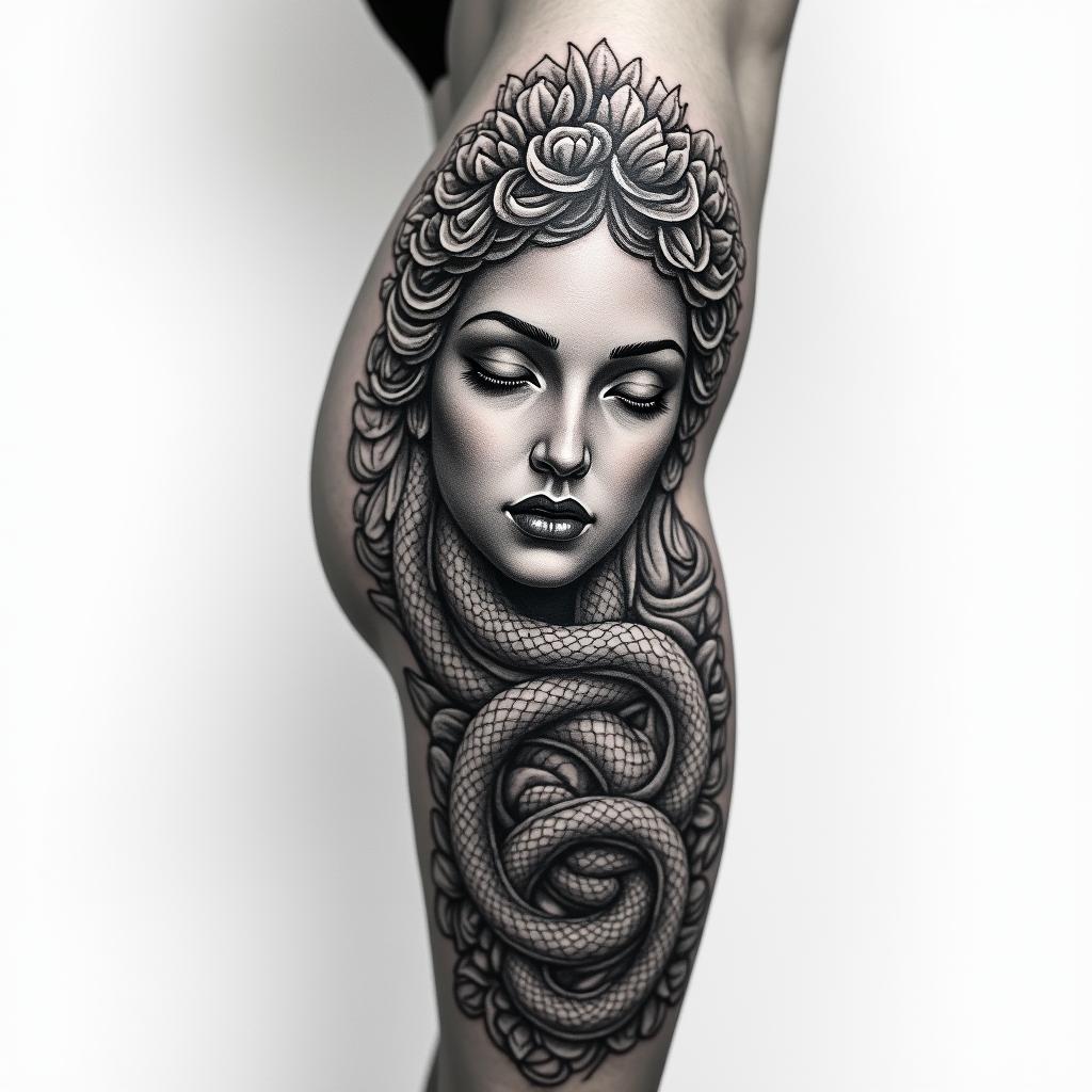 Medusa front of
thigh tattoo, incorporating January, March and December birth flowershigly detailed tattoo - Variation 3