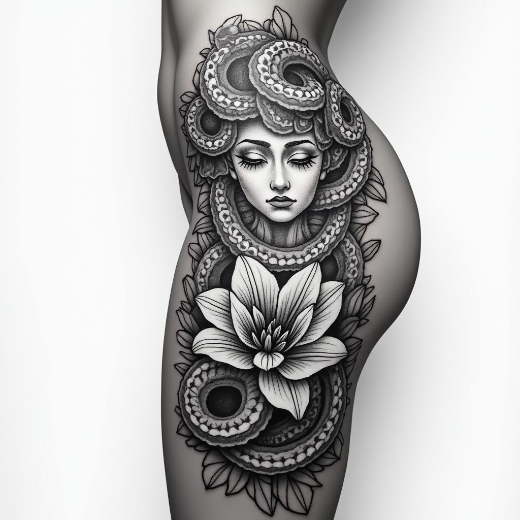 Medusa front of
thigh tattoo, incorporating January, March and December birth flowershigly detailed tattoo - Variation 2