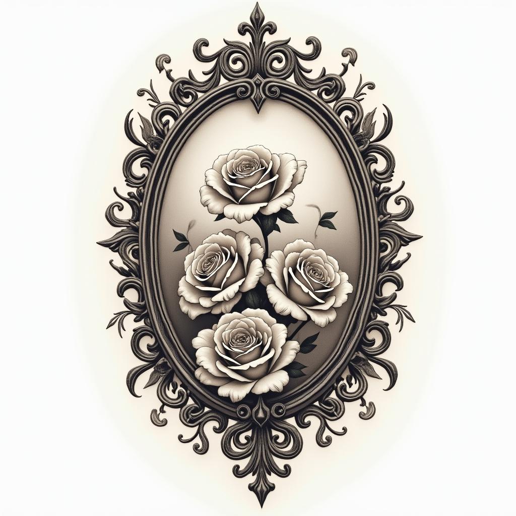 Alexis,capricornio,18011984in victorian style tattoo, featuring vintage and elegant elements, ornate frames, roses, antique, sepia-toned color scheme - Variation 4
