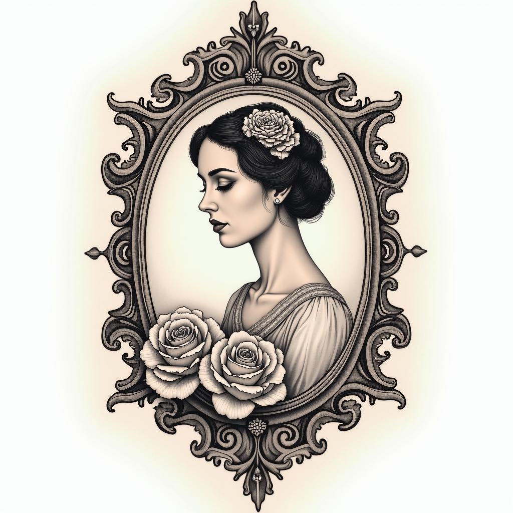 Alexis,capricornio,18011984in victorian style tattoo, featuring vintage and elegant elements, ornate frames, roses, antique, sepia-toned color scheme - Variation 3