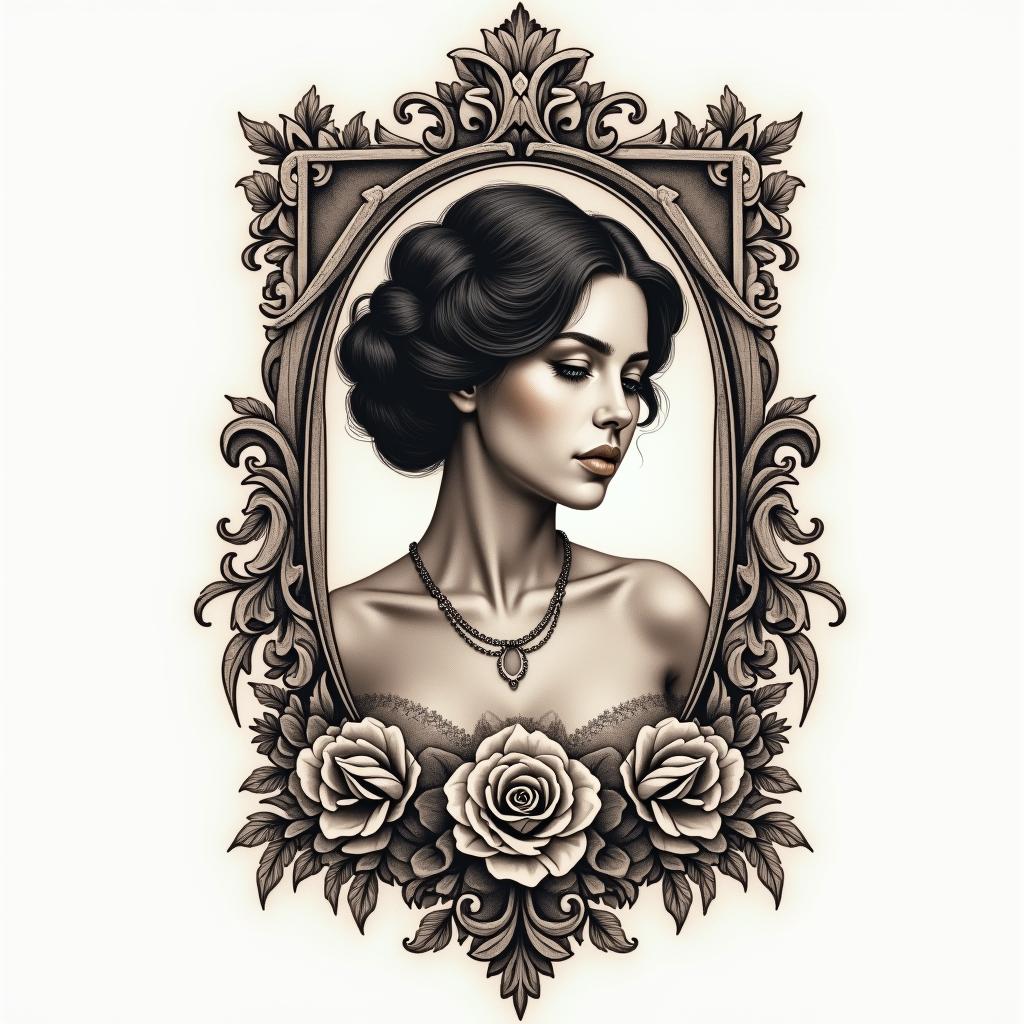 Alexis,capricornio,18011984in victorian style tattoo, featuring vintage and elegant elements, ornate frames, roses, antique, sepia-toned color scheme