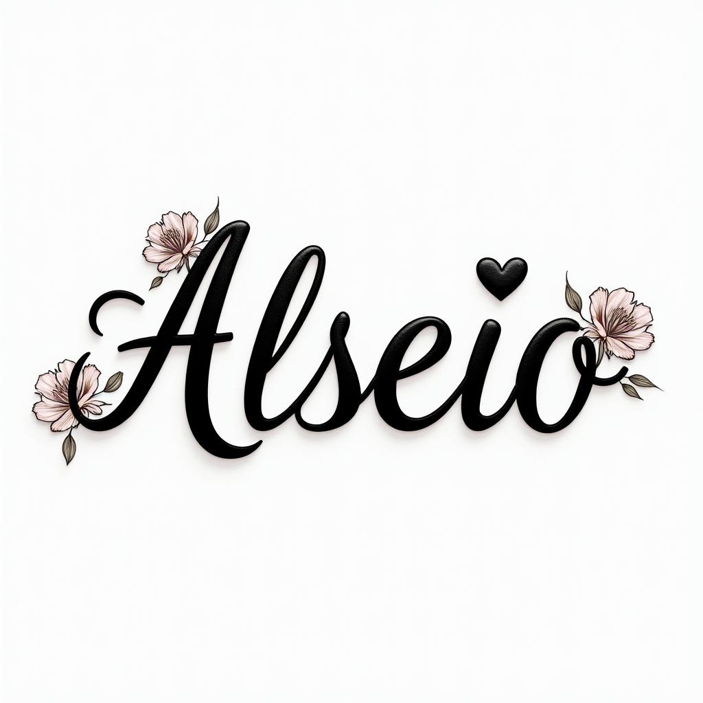 Alessio ❤️in elegant cursive calligraphy style 2d tattoo, decorate with roses, featuring a smooth and flowing handwritten script with slightly thickened strokes for a luxurious and bold appearance,  heart symbol between names,  sleek and glossy black text with shadowing, minimalist matte white background, clean and sharp edges, illuminated with soft lighting, romantic, 8k, high-quality textures with refined typography - Variation 2
