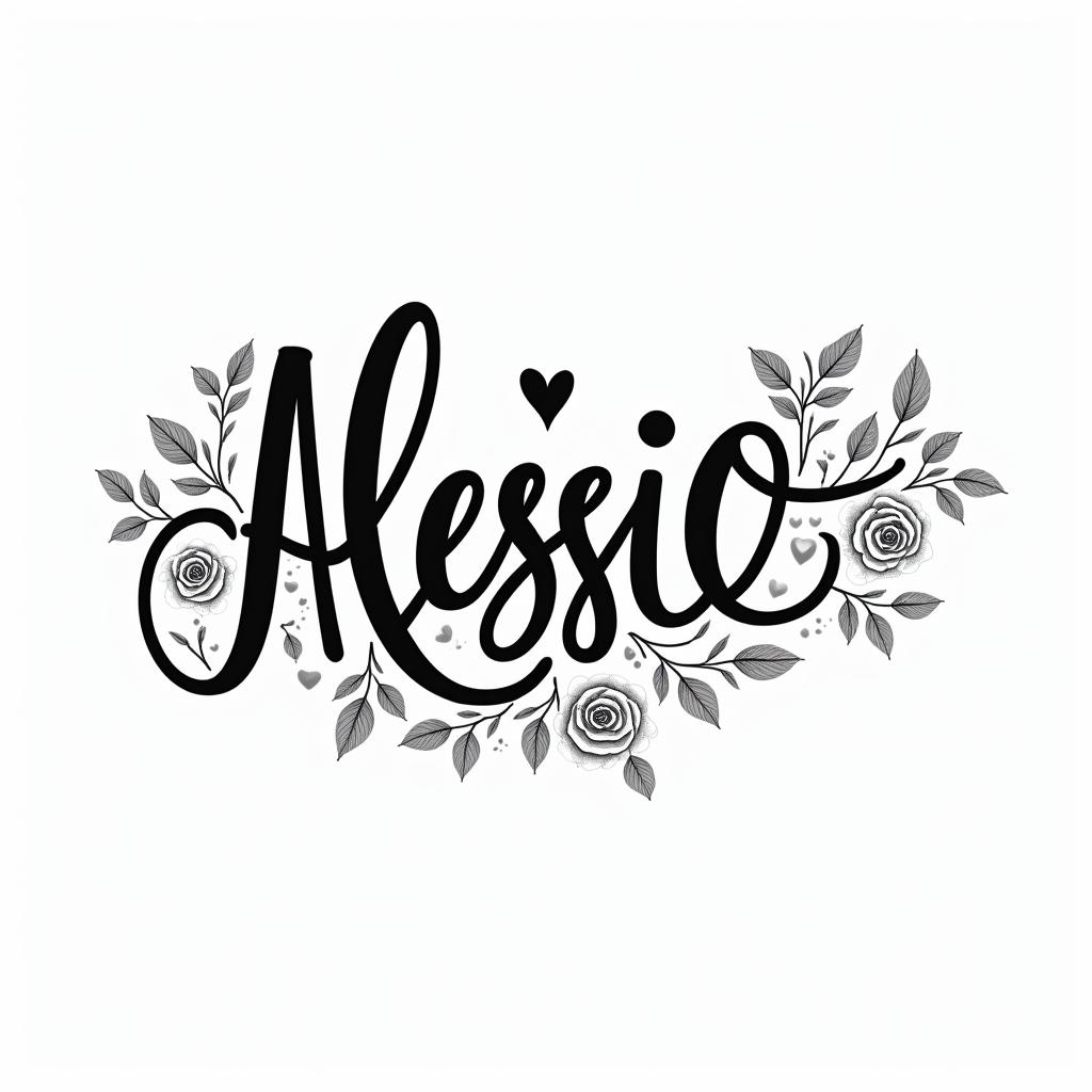 Alessio ❤️in elegant cursive calligraphy style 2d tattoo, decorate with roses, featuring a smooth and flowing handwritten script with slightly thickened strokes for a luxurious and bold appearance,  heart symbol between names,  sleek and glossy black text with shadowing, minimalist matte white background, clean and sharp edges, illuminated with soft lighting, romantic, 8k, high-quality textures with refined typography - Variation 4