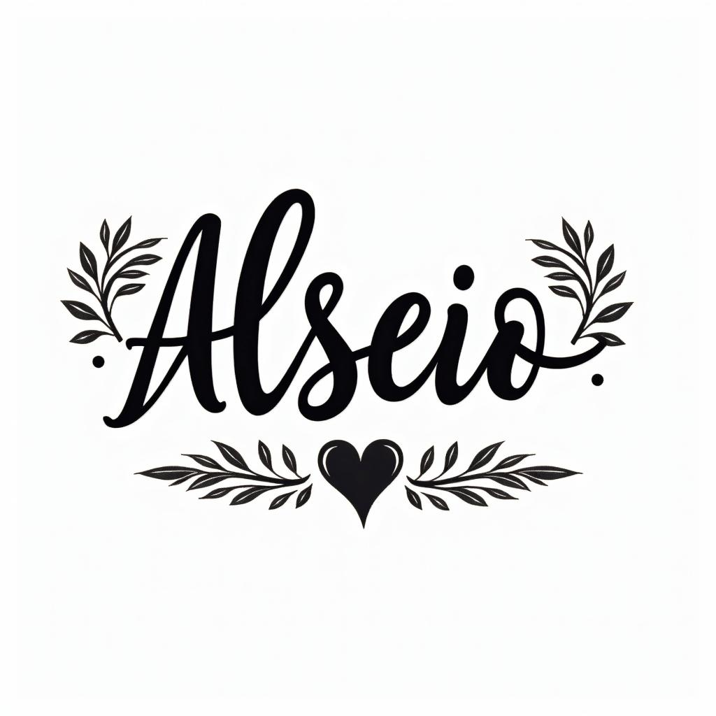 Alessio ❤️in elegant cursive calligraphy style 2d tattoo, decorate with roses, featuring a smooth and flowing handwritten script with slightly thickened strokes for a luxurious and bold appearance,  heart symbol between names,  sleek and glossy black text with shadowing, minimalist matte white background, clean and sharp edges, illuminated with soft lighting, romantic, 8k, high-quality textures with refined typography - Variation 3