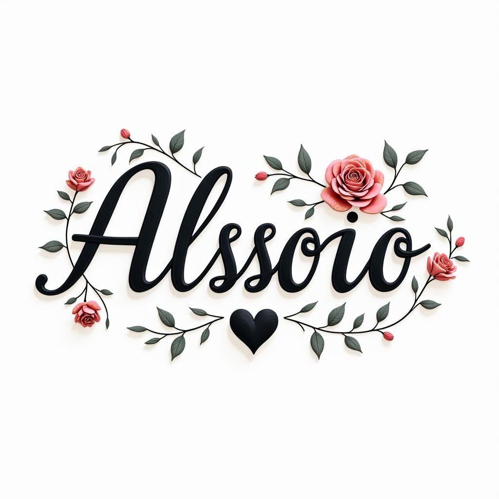 Alessio ❤️in elegant cursive calligraphy style 2d tattoo, decorate with roses, featuring a smooth and flowing handwritten script with slightly thickened strokes for a luxurious and bold appearance,  heart symbol between names,  sleek and glossy black text with shadowing, minimalist matte white background, clean and sharp edges, illuminated with soft lighting, romantic, 8k, high-quality textures with refined typography