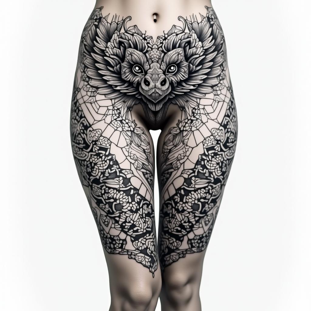 Medusa front of
thigh tattoo, incorporating January, March and December birth flowersin dotwork style tattoo, complex mandala patterns, interlocking geometric shapes with sharp symmetry, clean lines, sharp angles - Variation 4