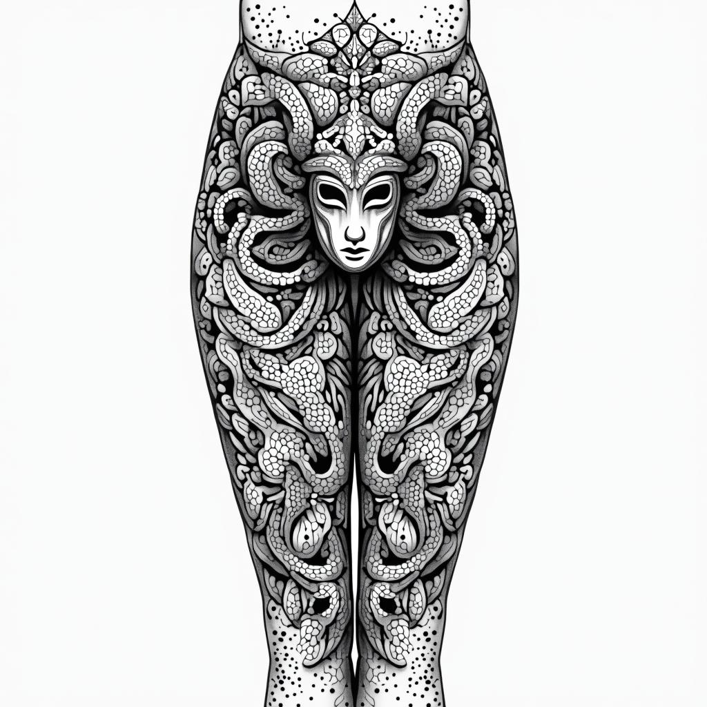 Medusa front of
thigh tattoo, incorporating January, March and December birth flowersin dotwork style tattoo, complex mandala patterns, interlocking geometric shapes with sharp symmetry, clean lines, sharp angles - Variation 3