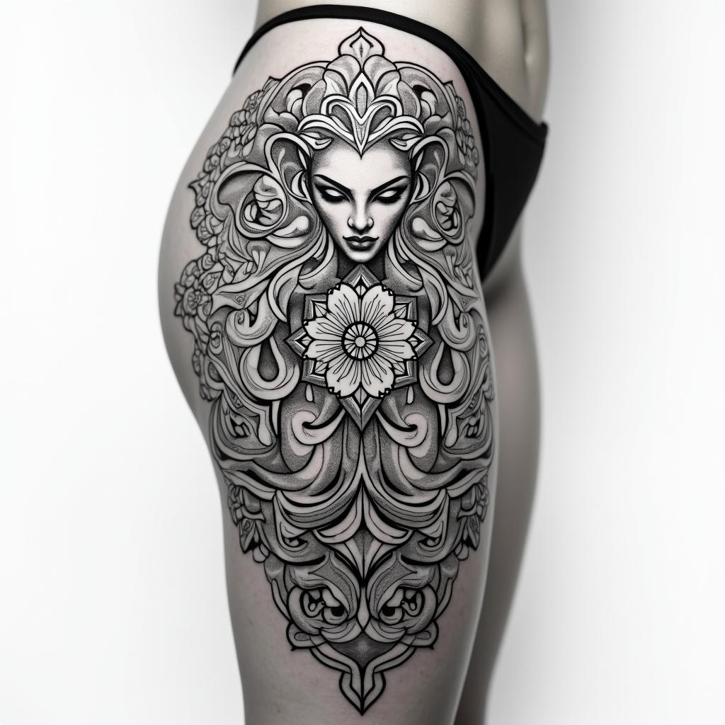 Medusa front of
thigh tattoo, incorporating January, March and December birth flowersin dotwork style tattoo, complex mandala patterns, interlocking geometric shapes with sharp symmetry, clean lines, sharp angles - Variation 1
