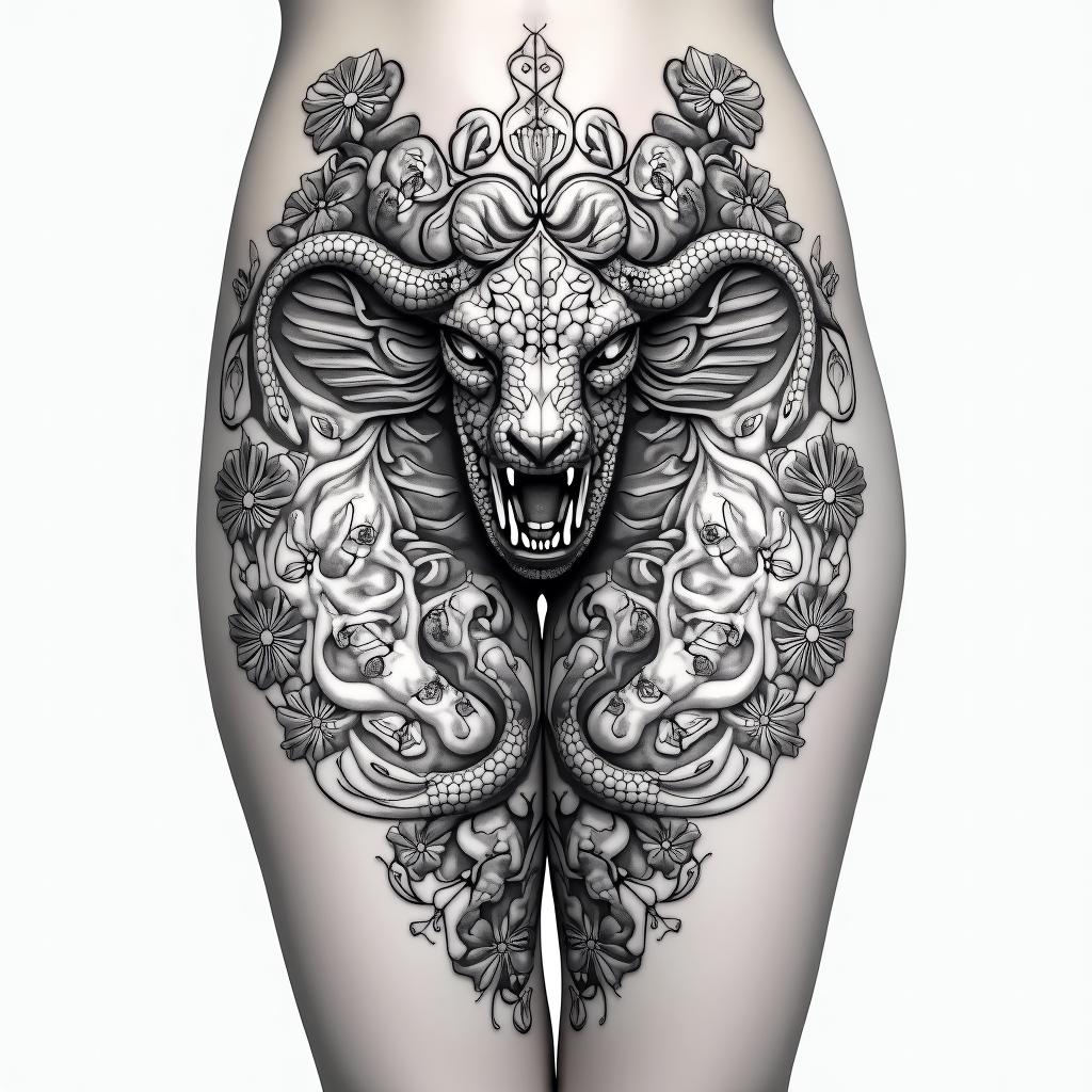 Medusa front of
thigh tattoo, incorporating January, March and December birth flowersin dotwork style tattoo, complex mandala patterns, interlocking geometric shapes with sharp symmetry, clean lines, sharp angles - Variation 2
